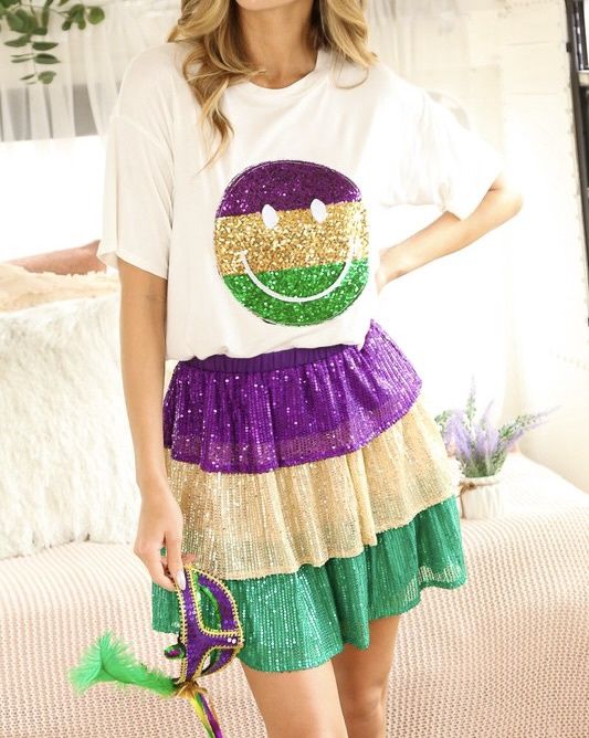 Happy Face Mardi Gras Sequin Top