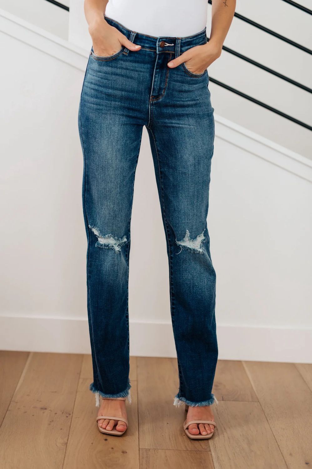 High Rise Distressed Straight Jeans