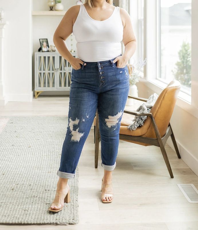 High Rise Button Fly Distressed Boyfriend Jeans
