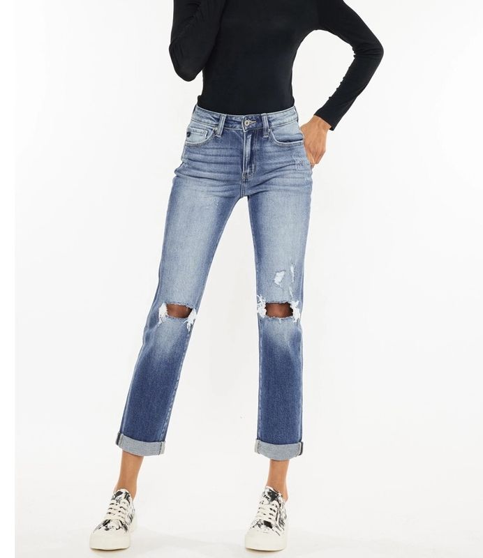 High Rise Slim Straight Comfort Stretch Cuffed Bottom
