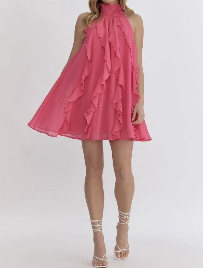 Hot Pink Halter Neck Sleeveless Dress