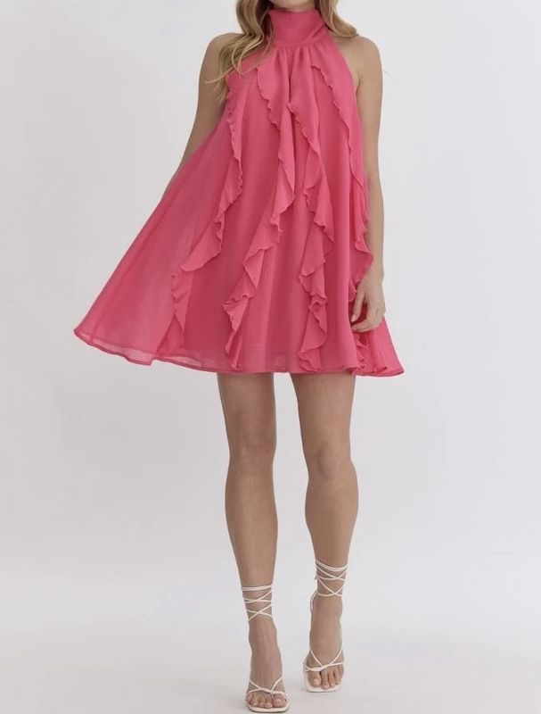 Hot Pink Halter Neck Sleeveless Dress
