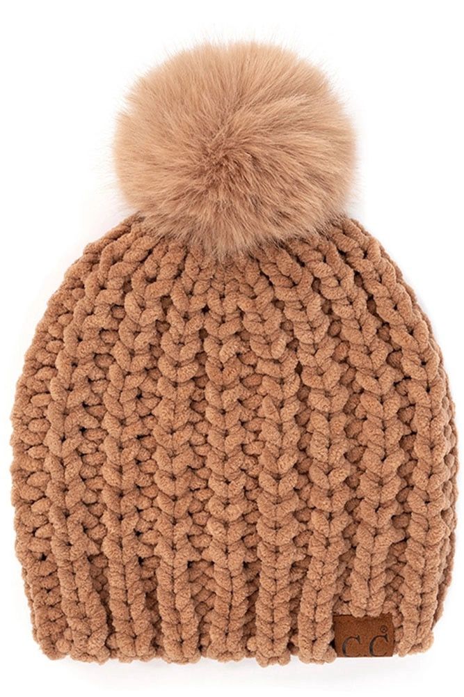 CC Soft Chenille Chunky Yarn Beanie Hat, Colour: Nude