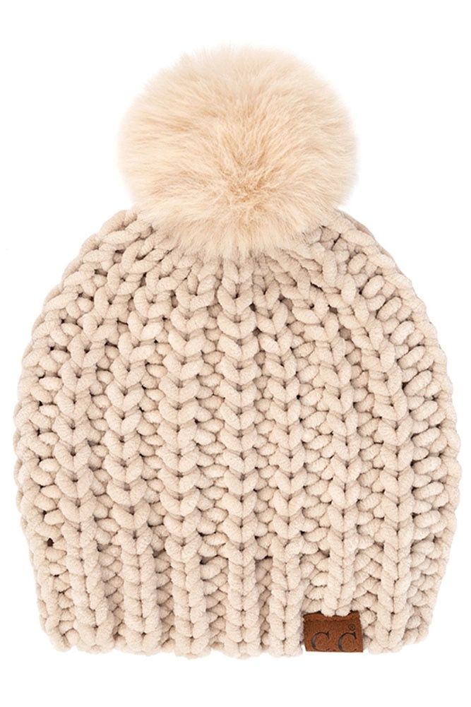 CC Soft Chenille Chunky Yarn Beanie Hats, Colour: Beige