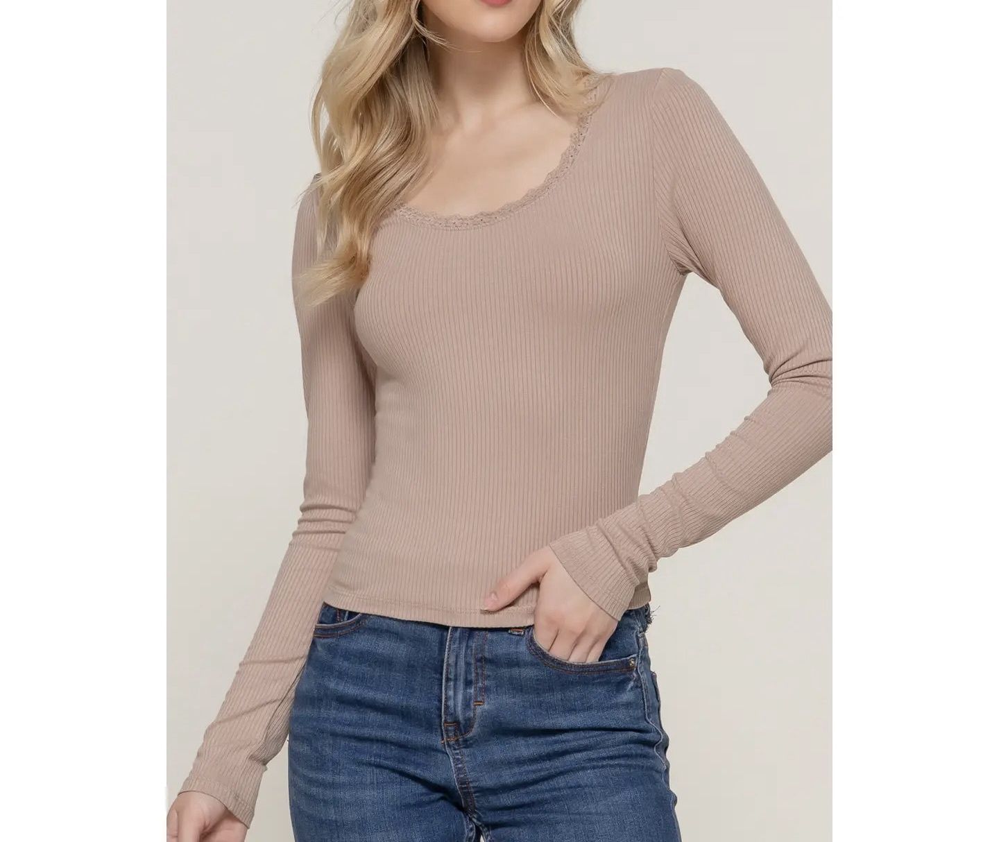 Long Sleeve Lace Trim Top, Size: S, Colour: Khaki