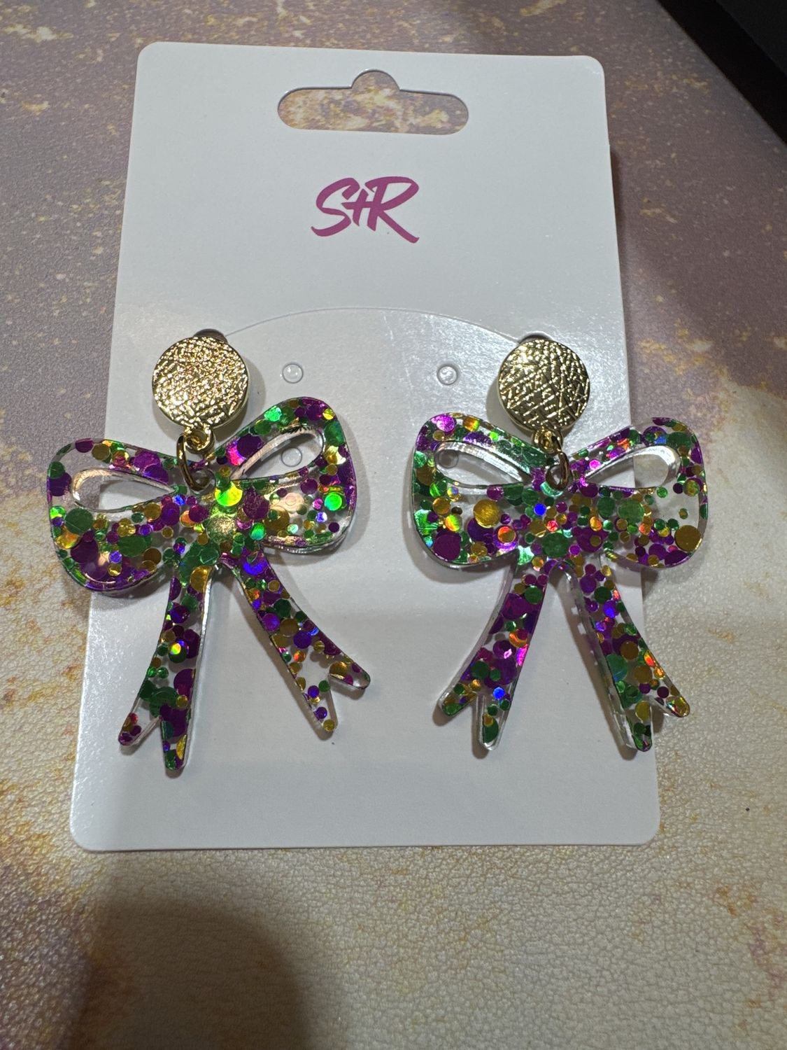 Mardi Gras Bow Dangle Earrings