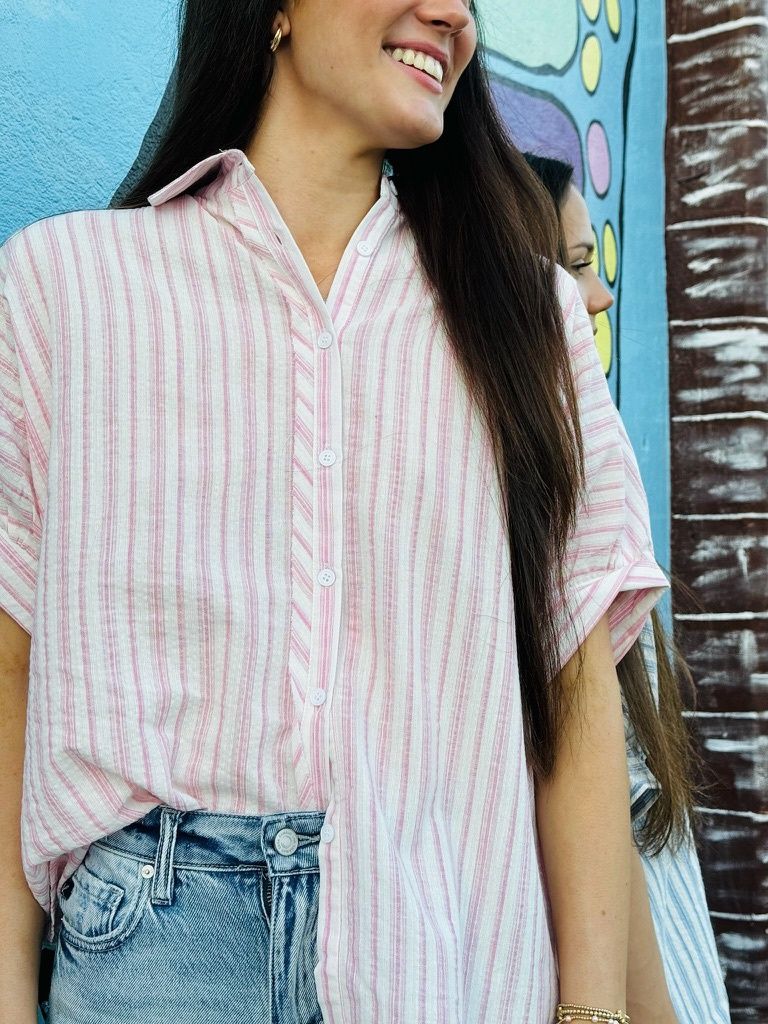 Boxy Cut Oversized Stripped Button Down Shirt, Size: S, Colour: Pink