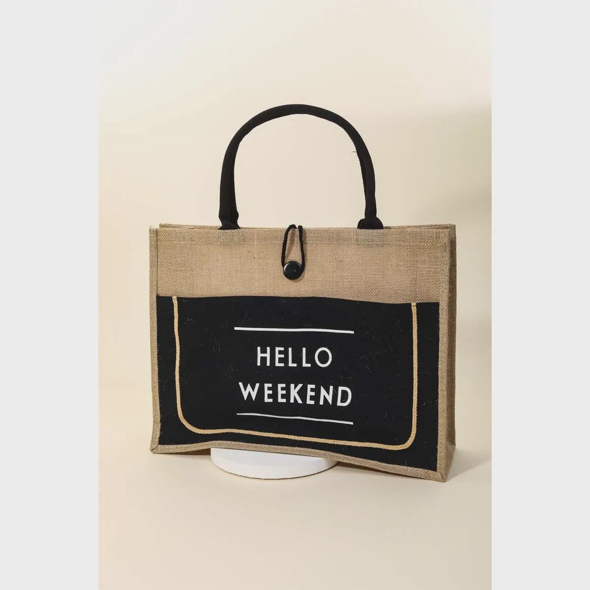 Hello Weekend Burlap Tote, Colour: Black