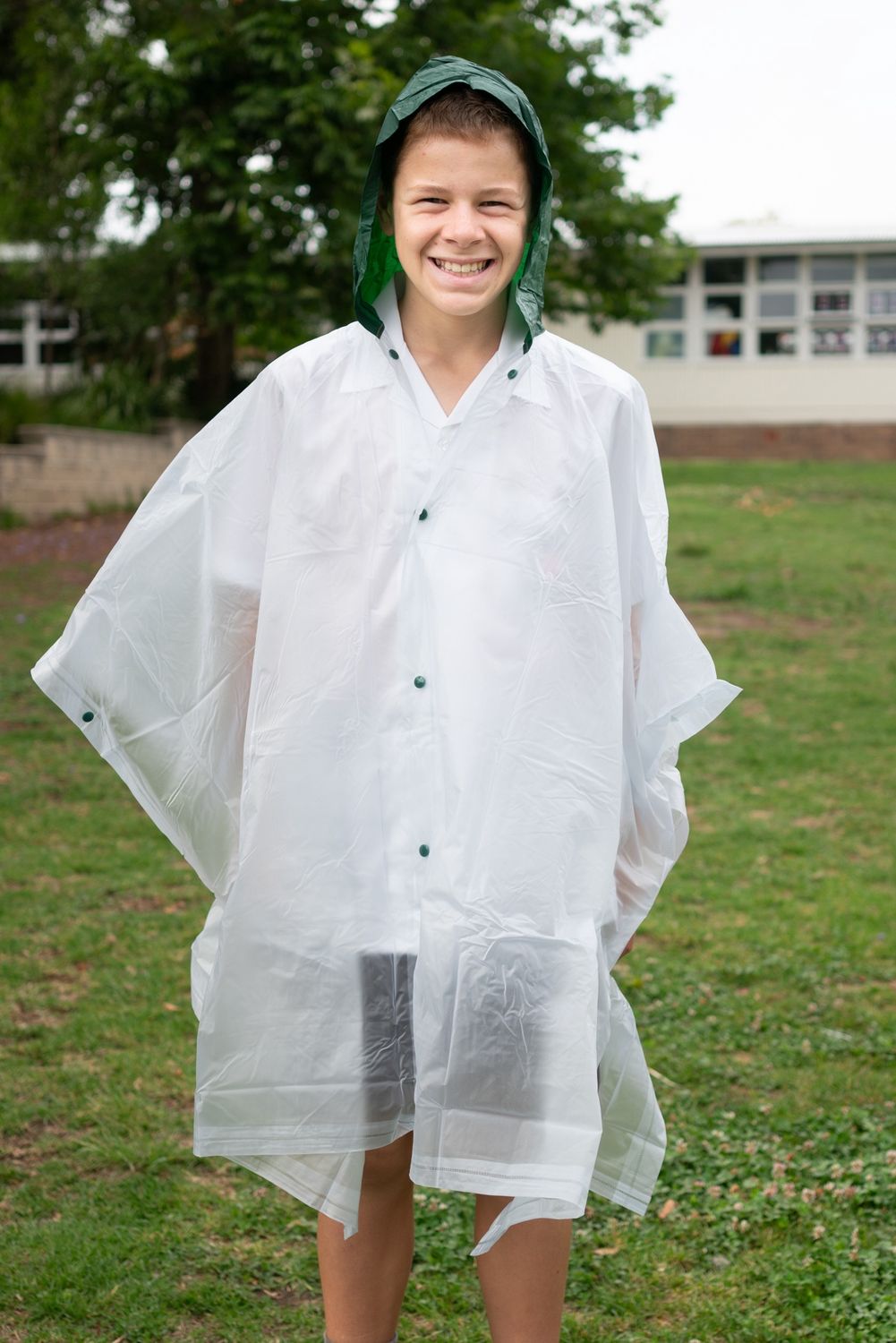 Raincoat (poncho style) - clear with bottle green hood, Size: S