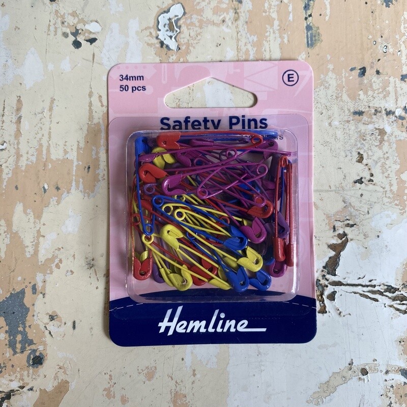 Hemline Safety Pins, Style: Multi Coloured (34mm x 50 pk)