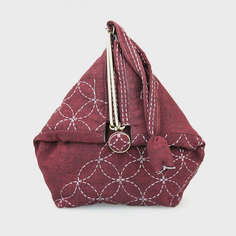 Sashiko Slide Clasp Purse Kit / Red-Burgundy / Taupe Thread