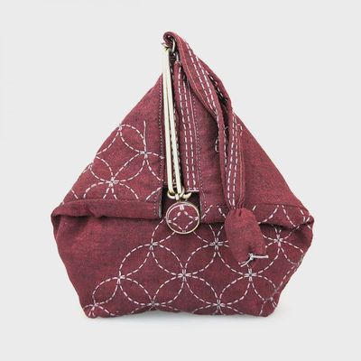 Sashiko Slide Clasp Purse Kit / Red-Burgundy / Taupe Thread