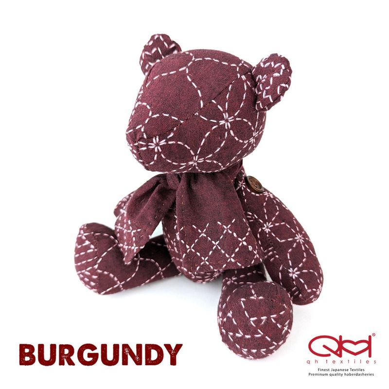 Sashiko Little Teddy Bear Pre Stencilled Cloth / Burgundy