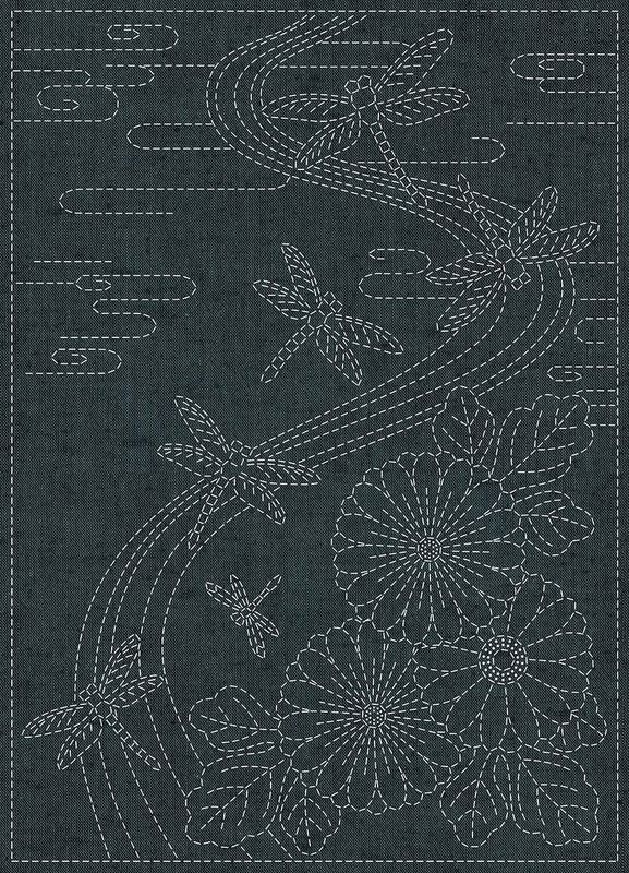 Sashiko Stitching Panel / Twilight Dragonfly / Blue