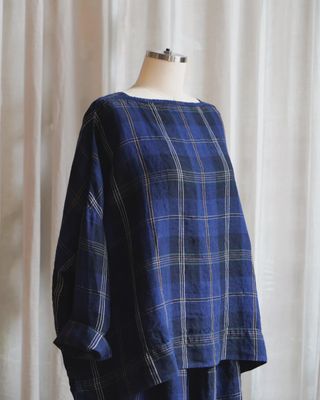 Metta / Sailor Boxy Top / Blue Tartan Check Linen