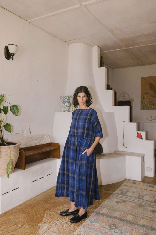 Metta / Boating Dress / Blue Tartan Check Linen