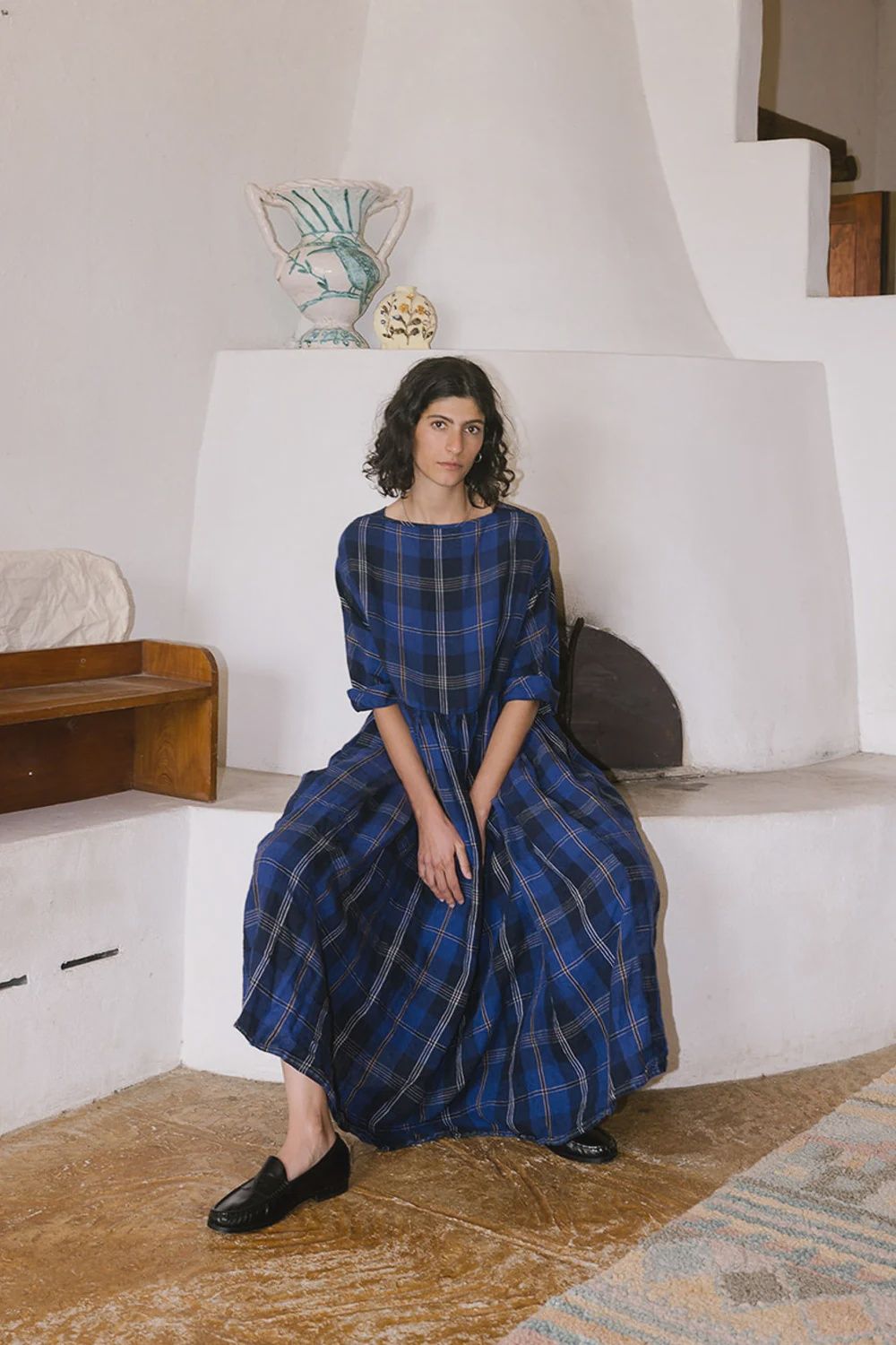 blue tartan dress B.young Light Blue V-Neck Cotton Midi Dress main image 0