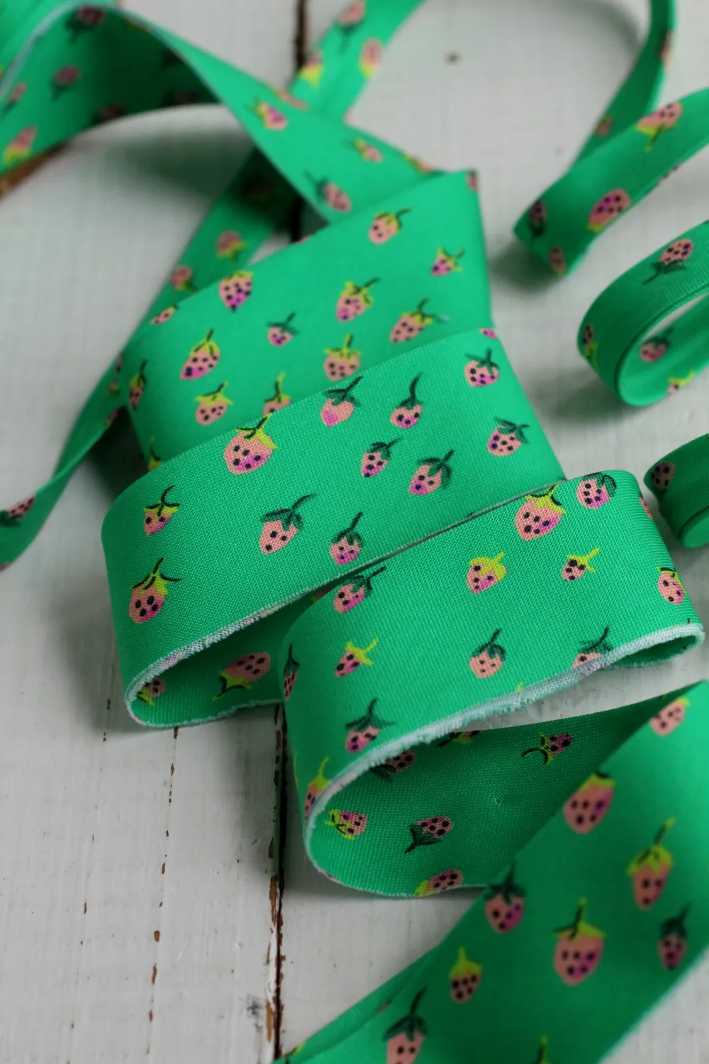 2.5" Bias Quilt Binding / Heather Ross Field Strawberries Jade Green / Per Metre