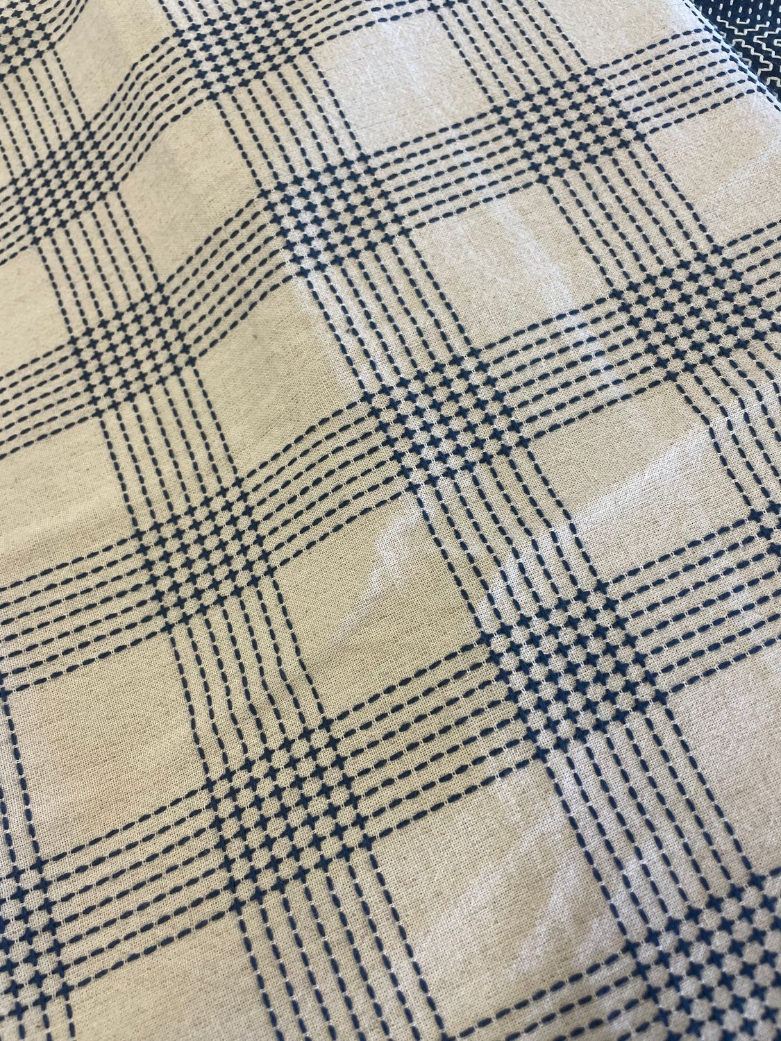 Sakizomemomen Japanese Cotton Sashiko Embroidered Fabric, Color: White with Blue Stitching