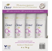 Dove 0% aluminum deodorant Coconut &amp; Pink Jasmine Scent 4 × 74 gr