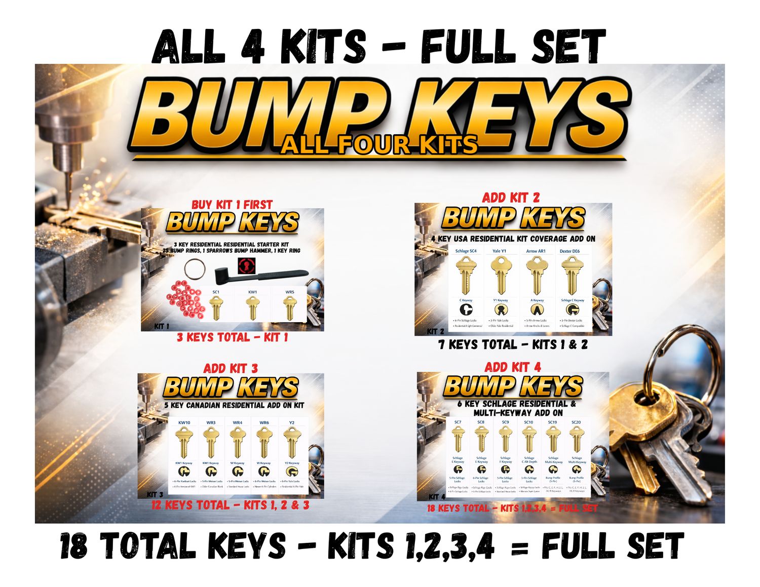 Full Set Bump Keys - All 4 Bump Kits 18 Bump Keys