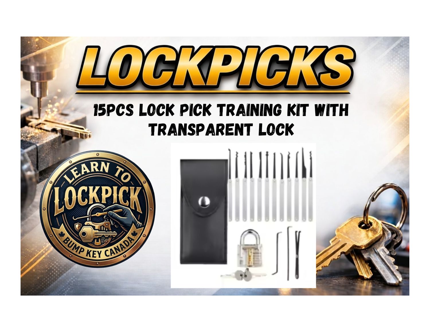 15pcs Lock Pick Training Kit with Transparent Lock