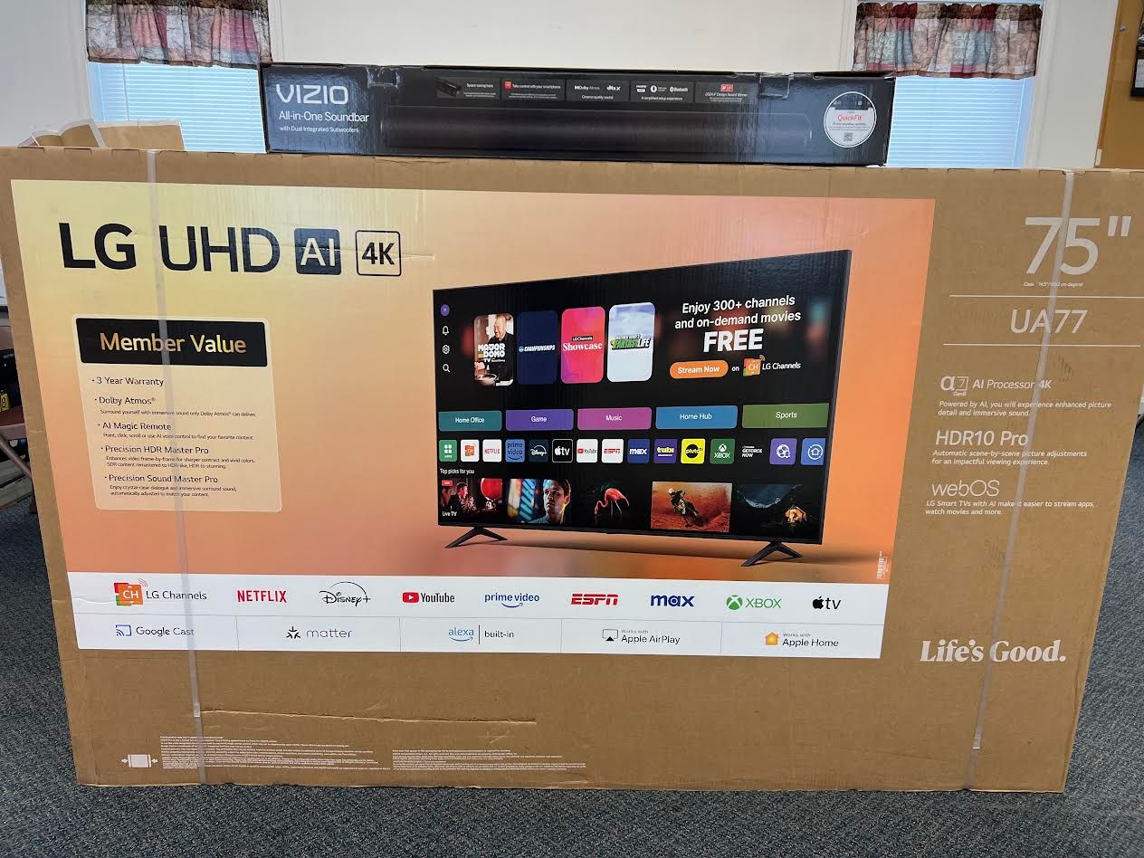 LG 75" UHD AI TV W/VIZIO ALL IN ONE SOUNDBAR