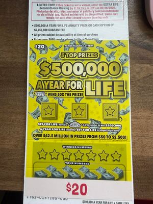 $500,000 A YEAR FOR LIFE $20 TICKET