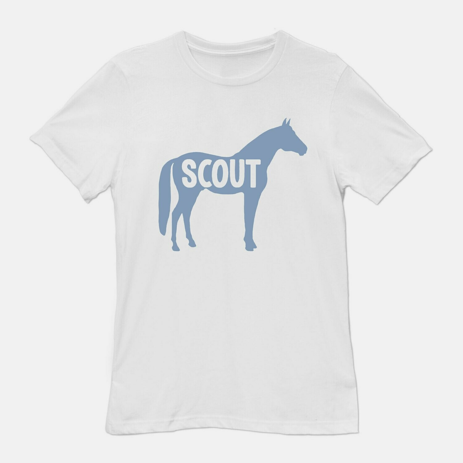 Kids Custom Name Horse White T-shirt tee, Artwork Color: Blue