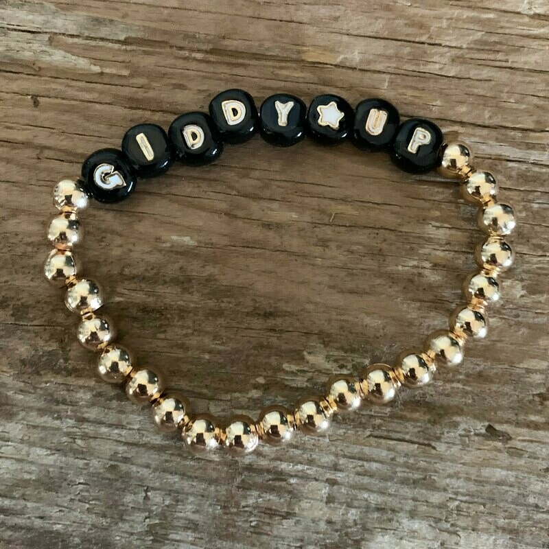 Black and White Giddy Up Gold Bead Stretch Bracelet