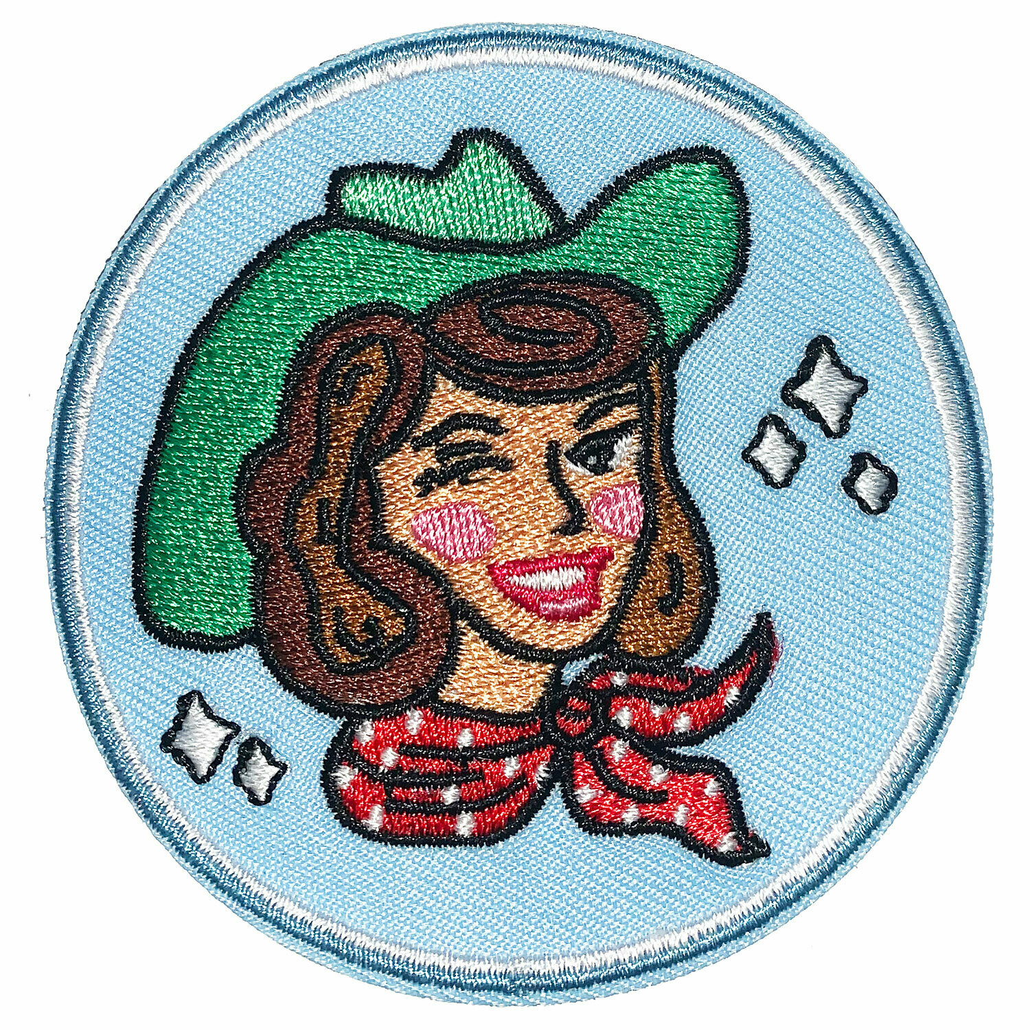 Brunette on Blue Cowgirl Embroidered Patch