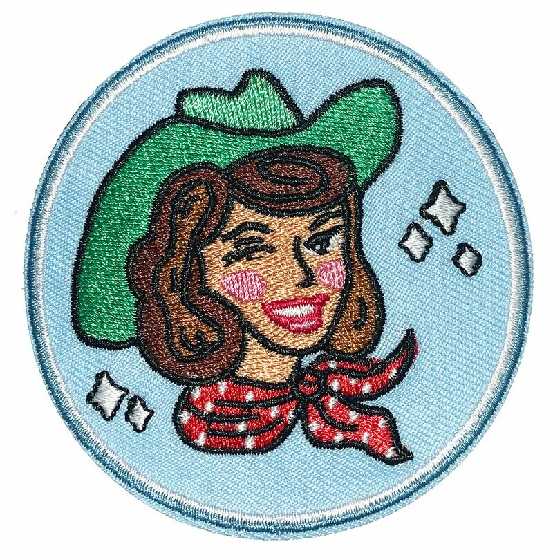 Brunette on Blue Cowgirl Embroidered Patch