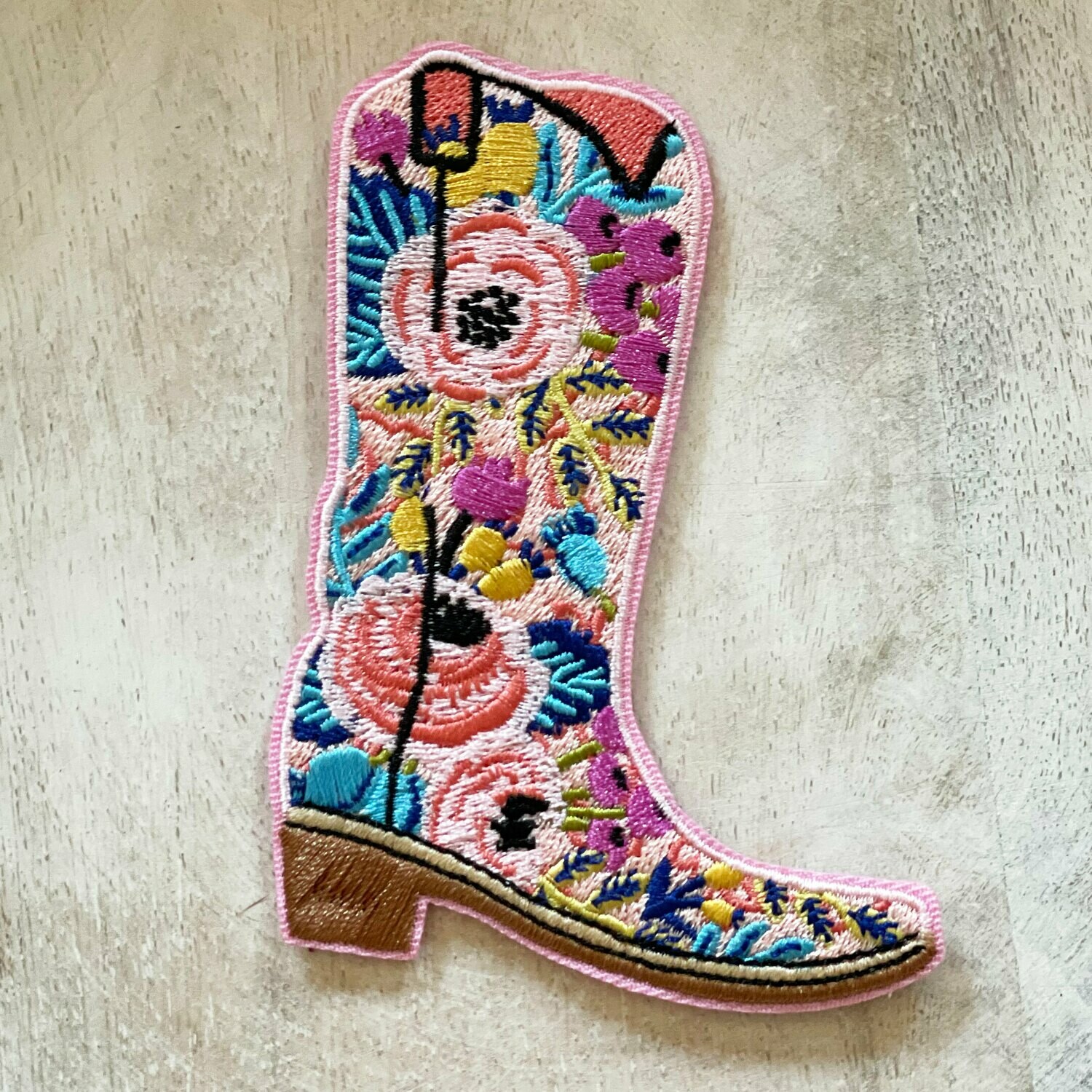 Pink Floral Cowboy Boot Embroidered Patch