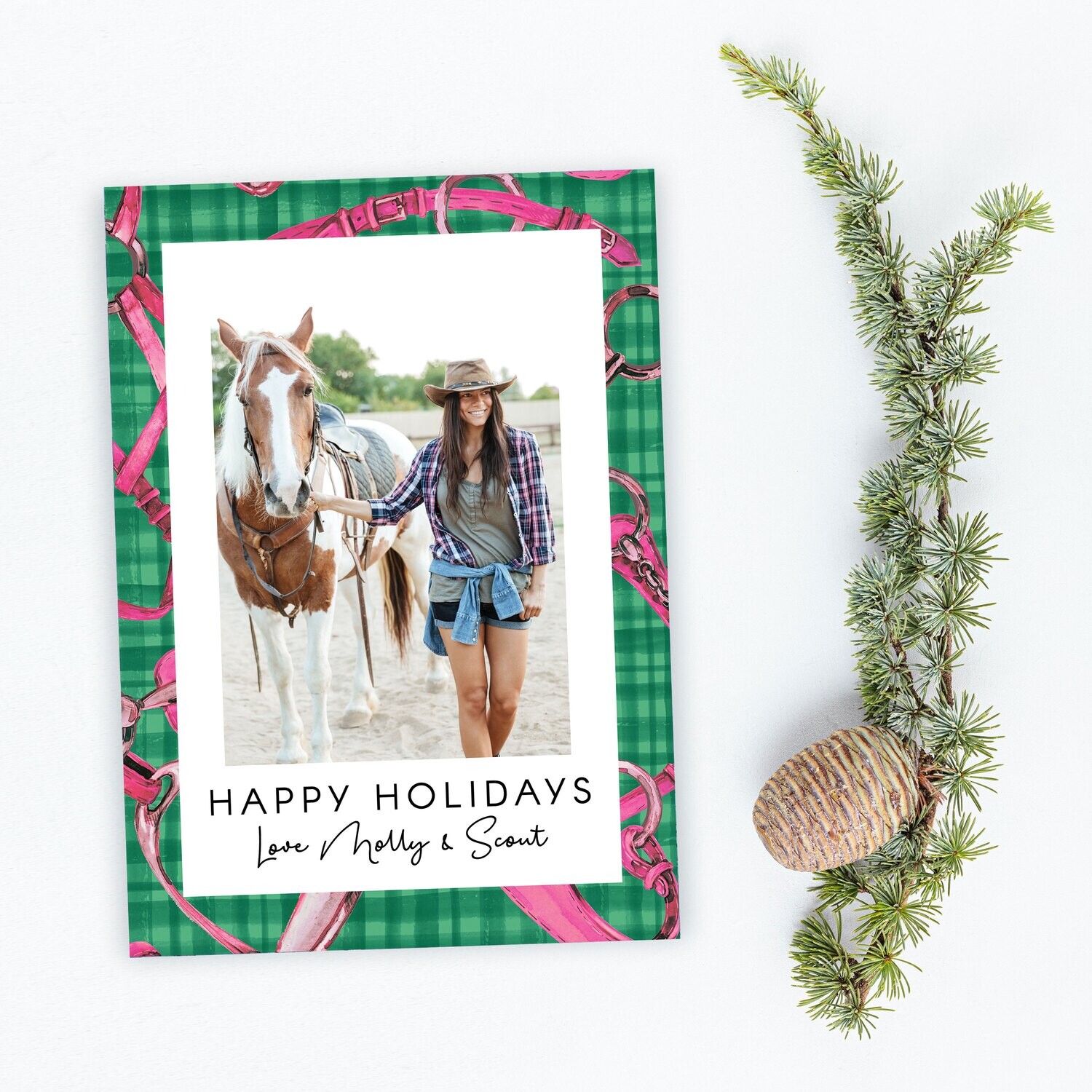 Pink and Green Equestrian Photo Holiday Cards