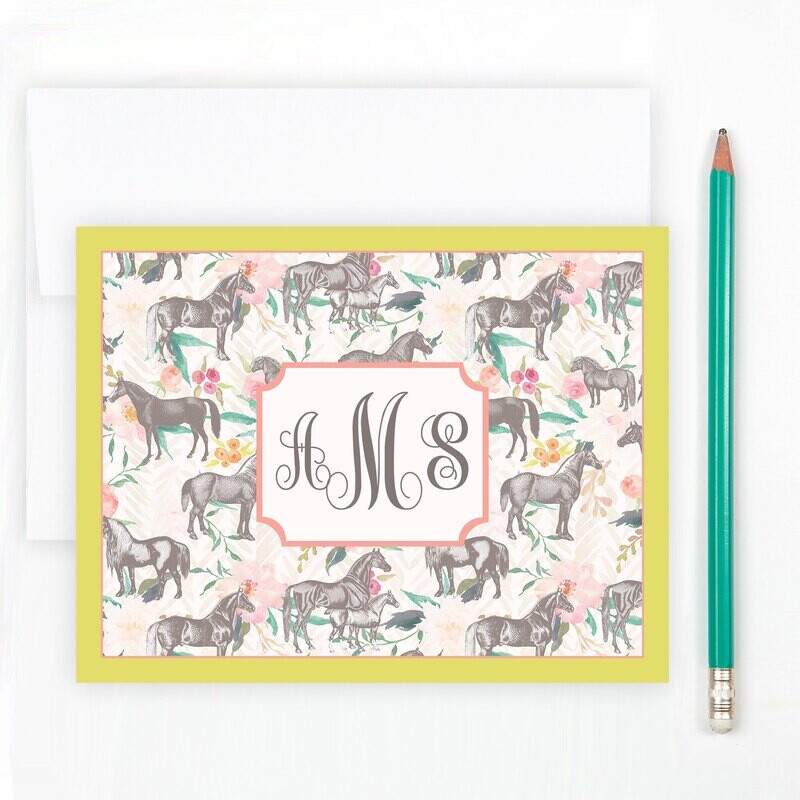 Monogram Floral Horse Pattern Folded Note Cards