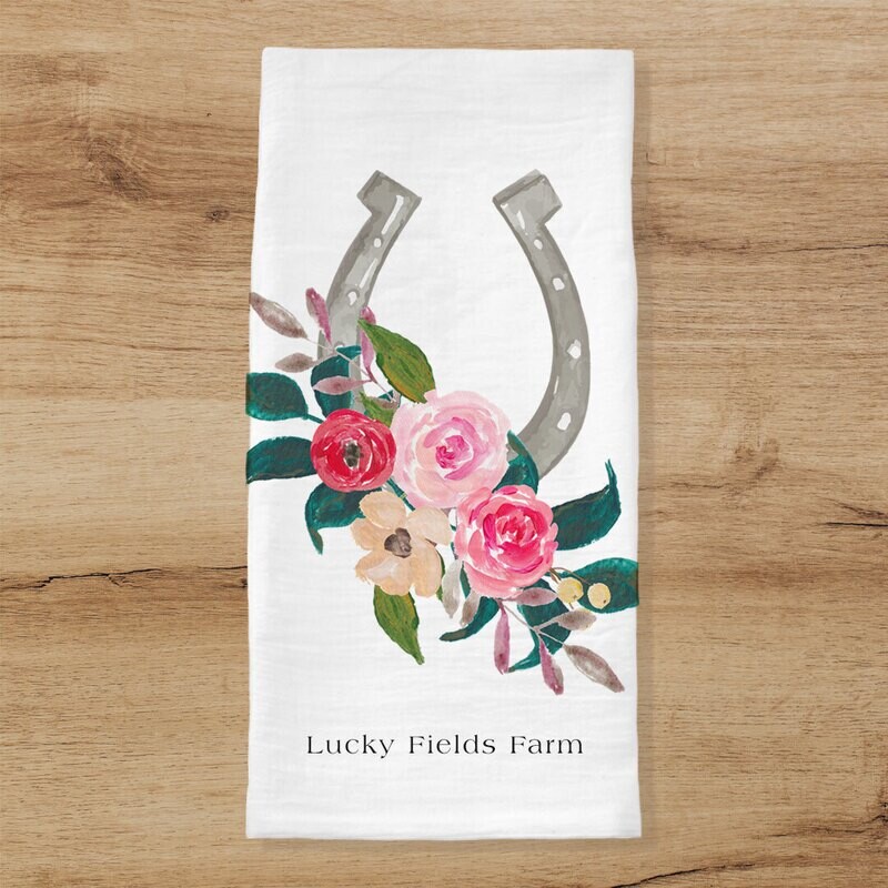 Personalized Silver Floral Horseshoe Tea Towel