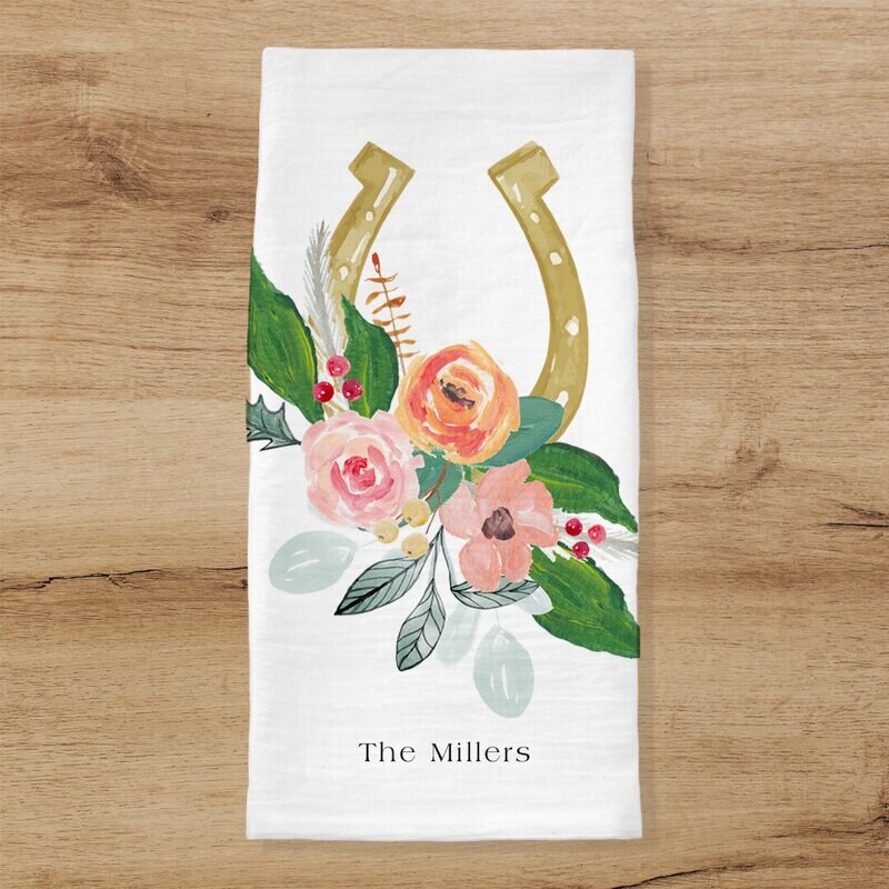 Personalized Gold Floral Horseshoe Tea Towel