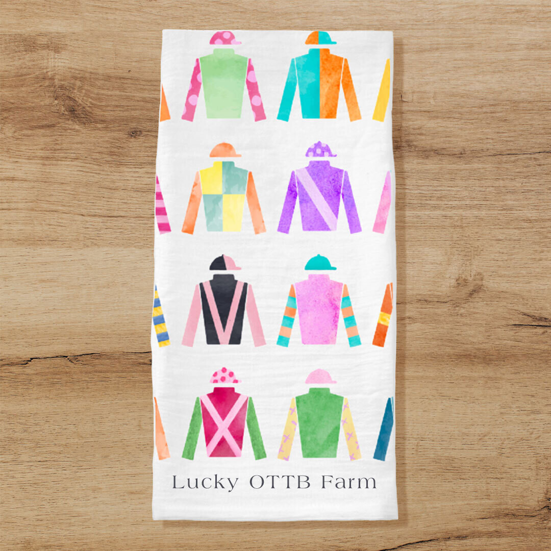 Personalized Jockey Silks Racehorse Watercolor Horse Tea Towel
