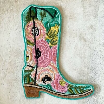 Teal Floral Cowboy Boot Embroidered Patch