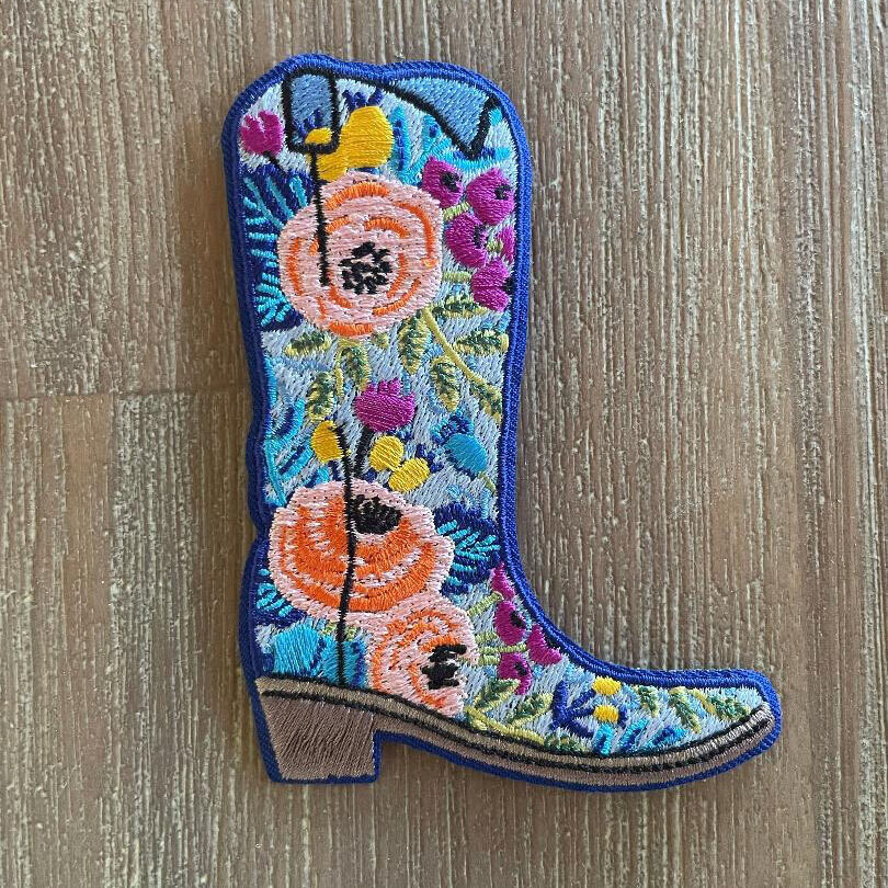 Blue Floral Cowboy Boot Embroidered Patch