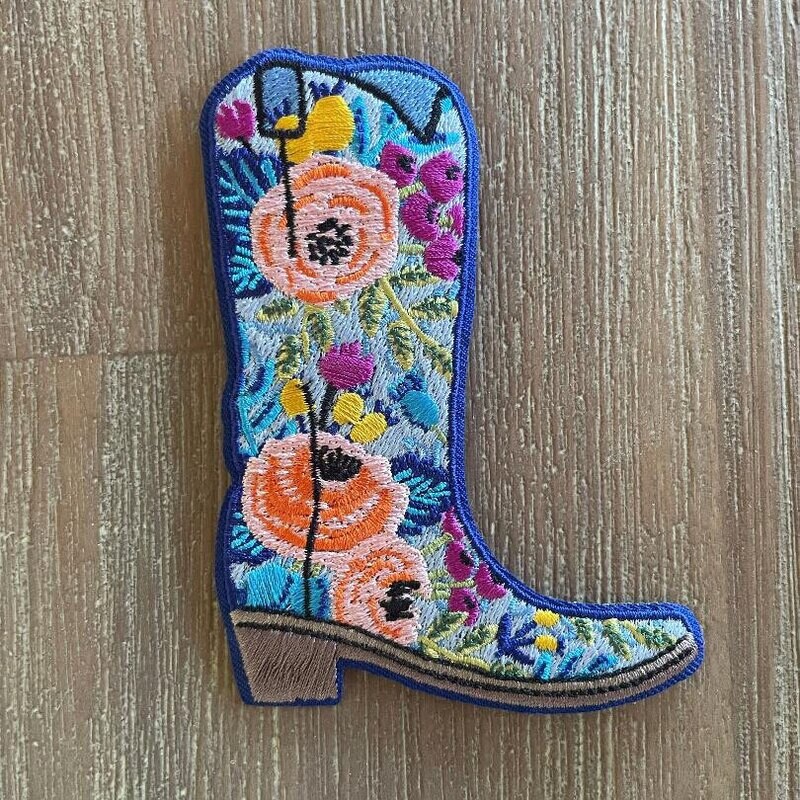 Blue Floral Cowboy Boot Embroidered Patch