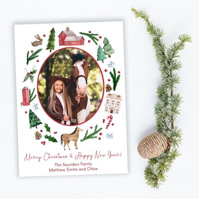 Farm Watercolor Wreath Photo Holiday Cards