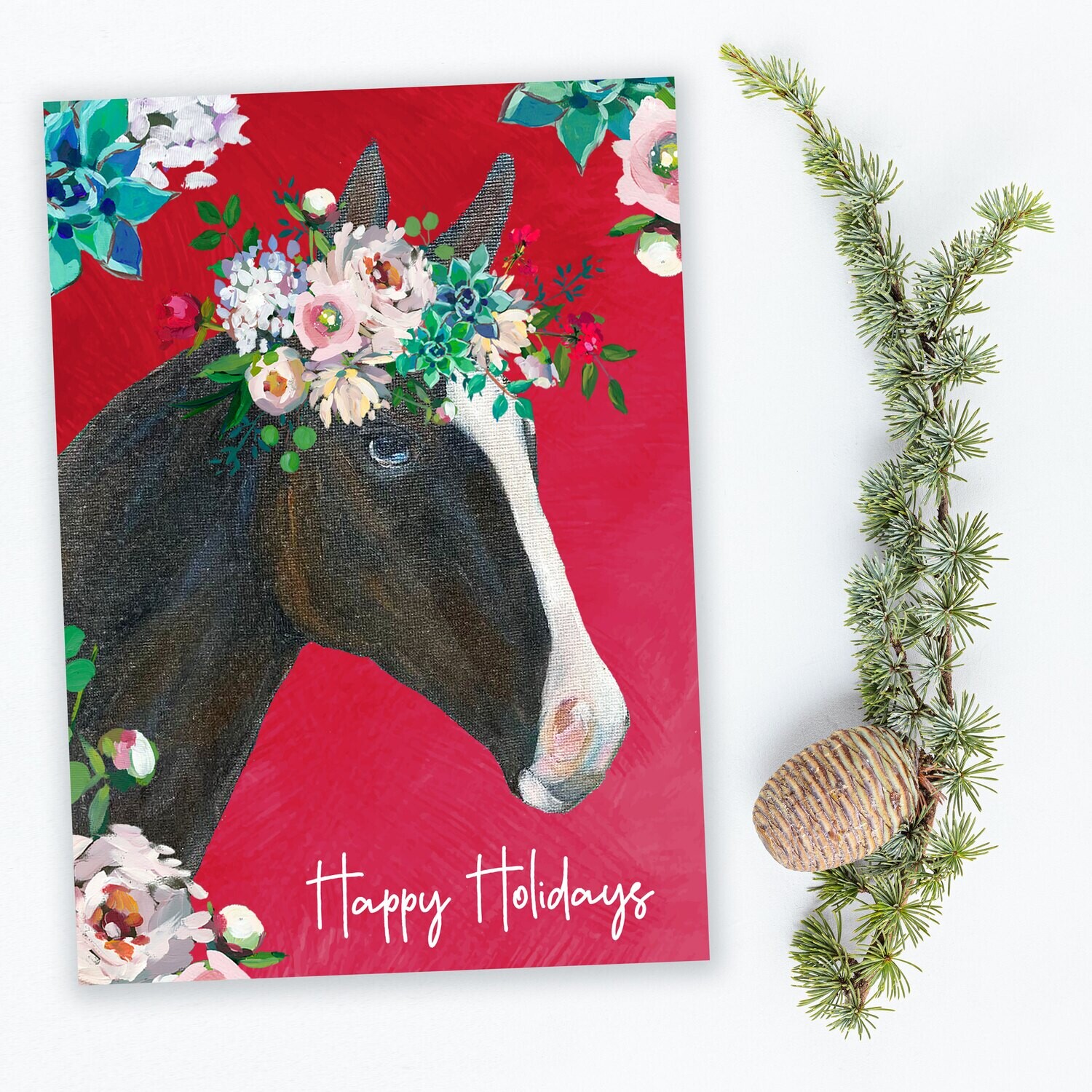 Red Horse with Floral Crown Holiday Cards