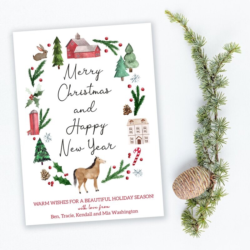 Horse Farm Wreath Flat Holiday Cards