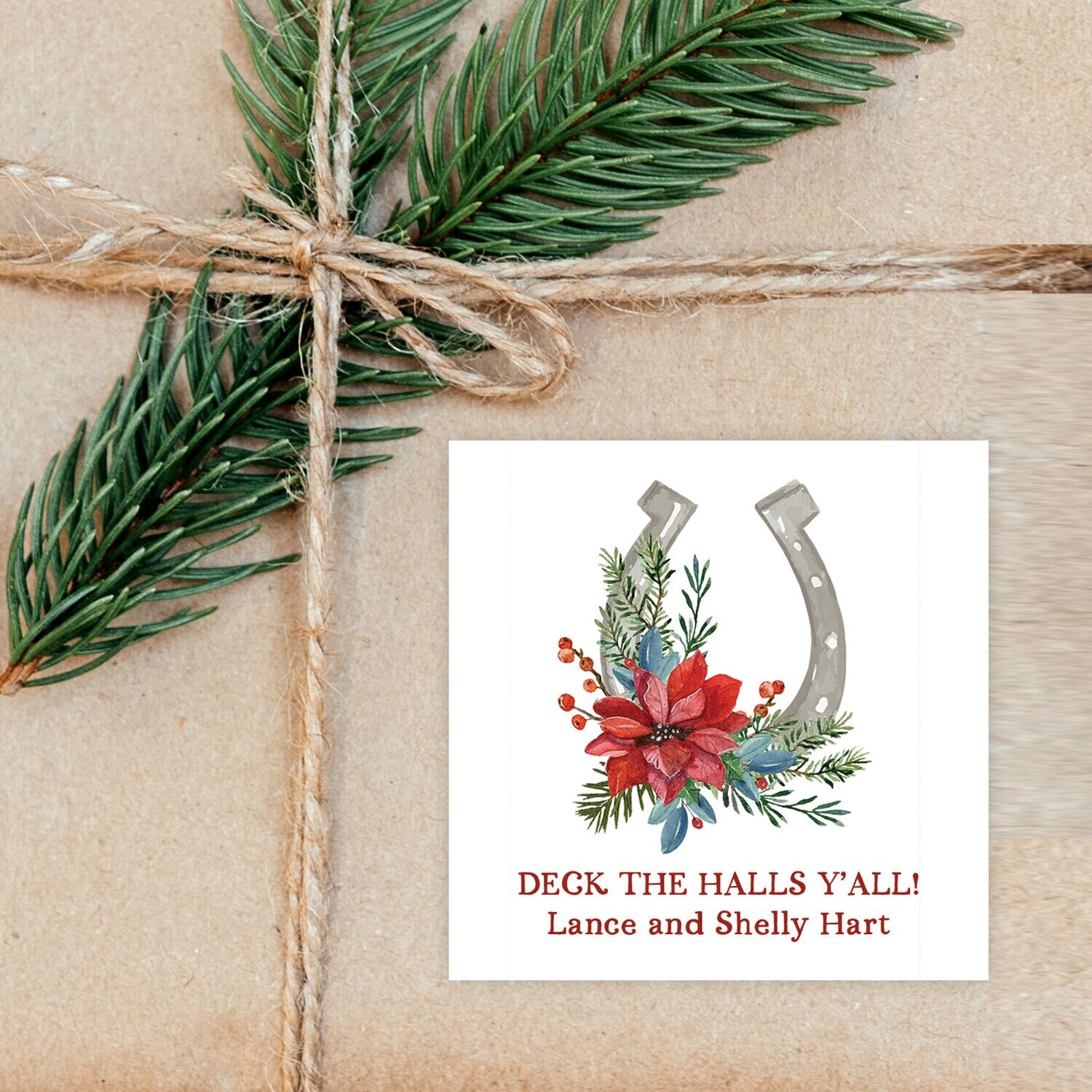 Christmas Floral Horseshoe Square Holiday Gift Stickers