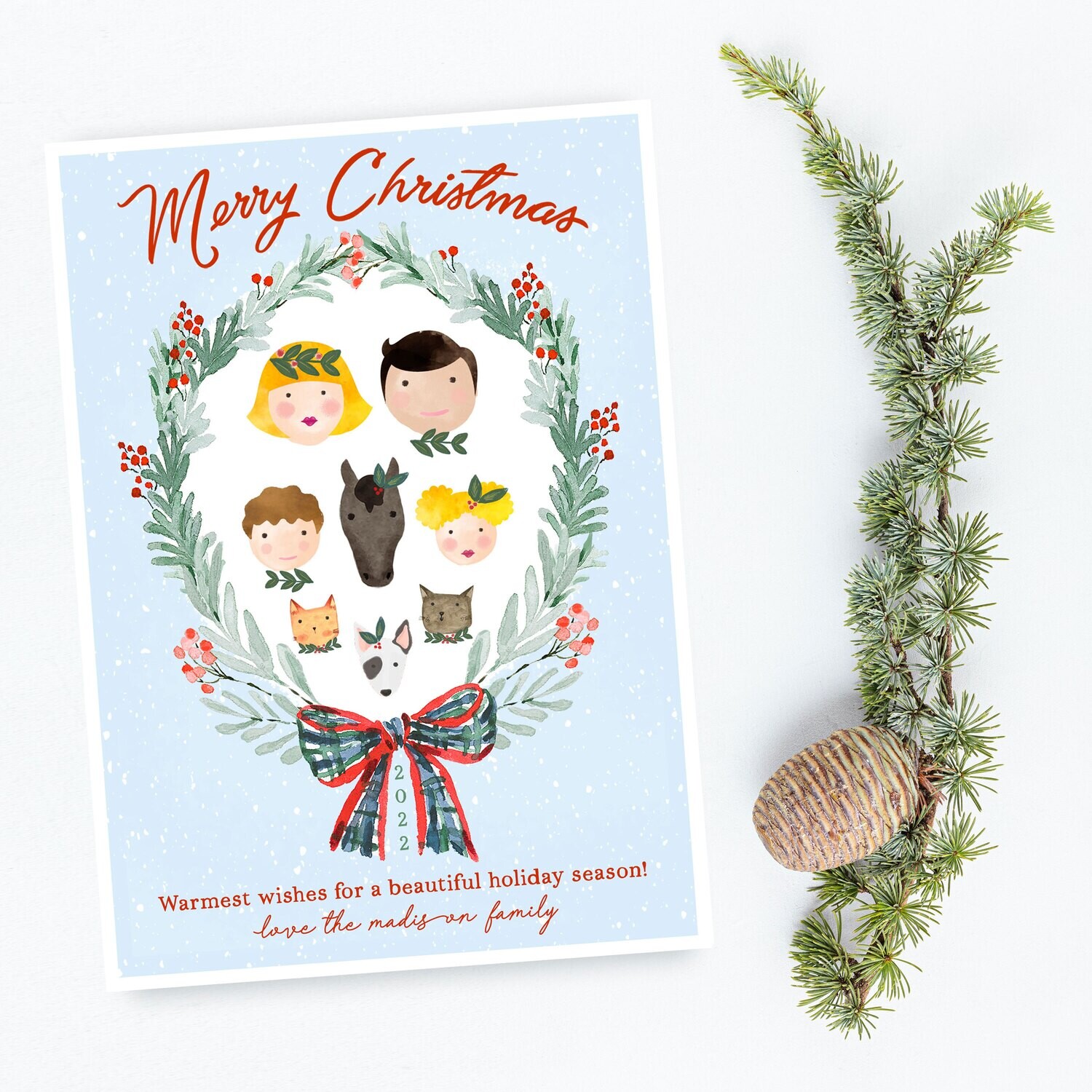 Custom Family Watercolor PRINTED Holiday Cards