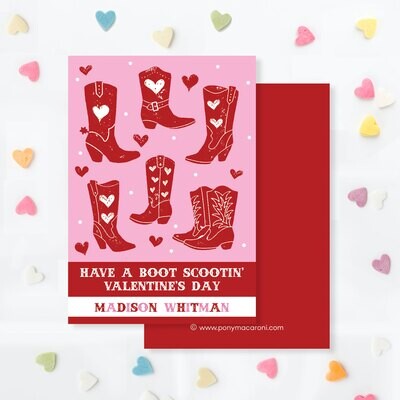 Pink Cowboy Boots Valentine Exchange Cards Classroom Equestrian cards