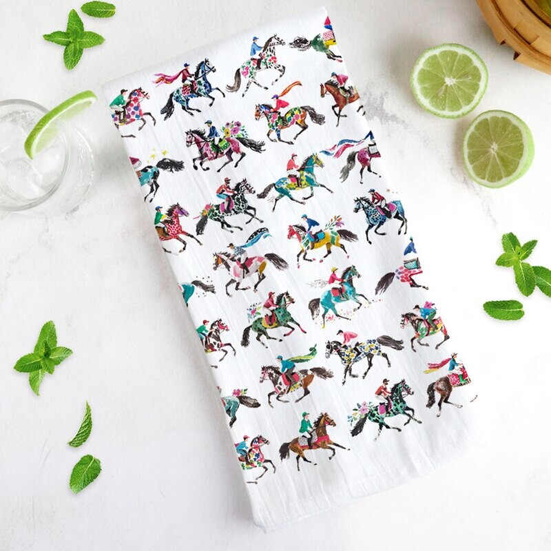 Watercolor Derby Horse and Jockey Tea Towel