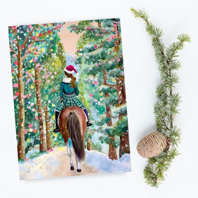 Winter Rider in Forest Holiday Cards - Custom Hair Color