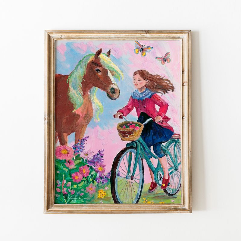 Girl on bike with Horse Print